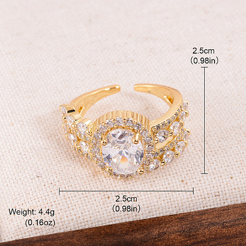 Elegant Classic Style Round Copper Plating Inlay Zircon 18K Gold Plated Open Rings