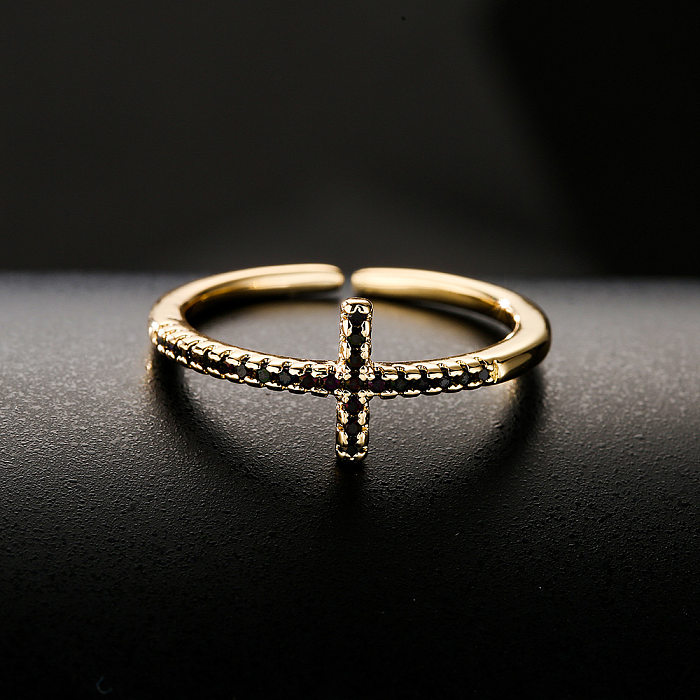 New Copper-plated 18K Gold Micro-set Zircon Cross Opening Adjustable Ring