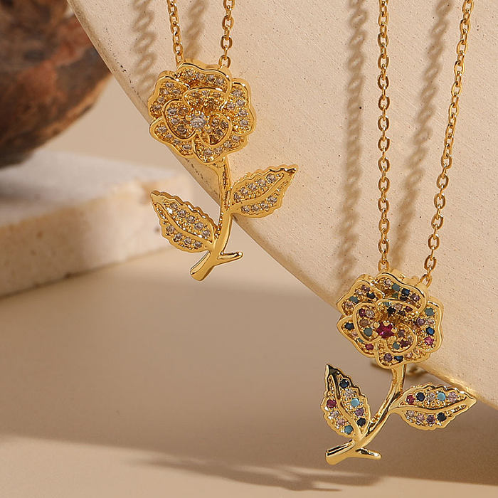 INS Style Flower Copper Plating Inlay Zircon 14K Gold Plated Pendant Necklace