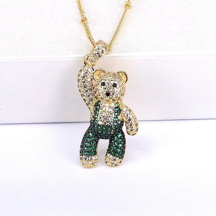 Collier pendentif décontracté hip-hop petit ours, incrustation de cuivre et Zircon plaqué or