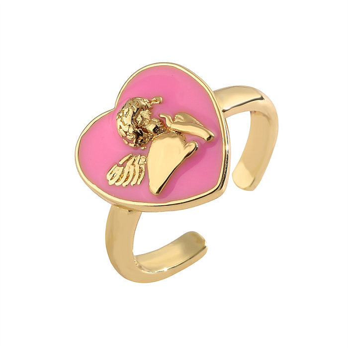 Retro Angel Heart Shape Copper Plating Inlay Zircon Gold Plated Open Rings