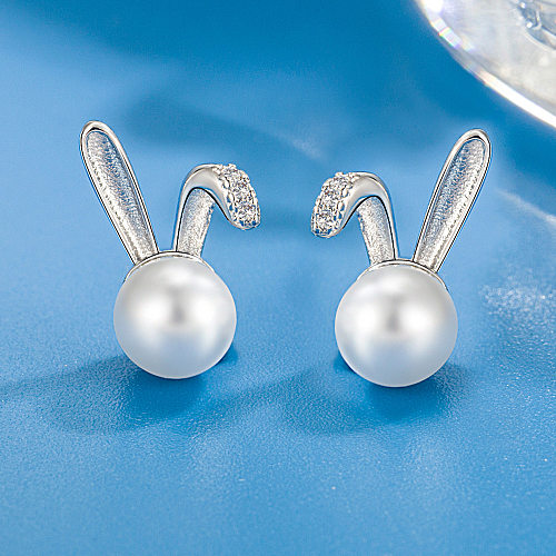 1 paire d'oreilles de lapin mignonnes, Imitation de perles plaquées cuivre, clous d'oreilles