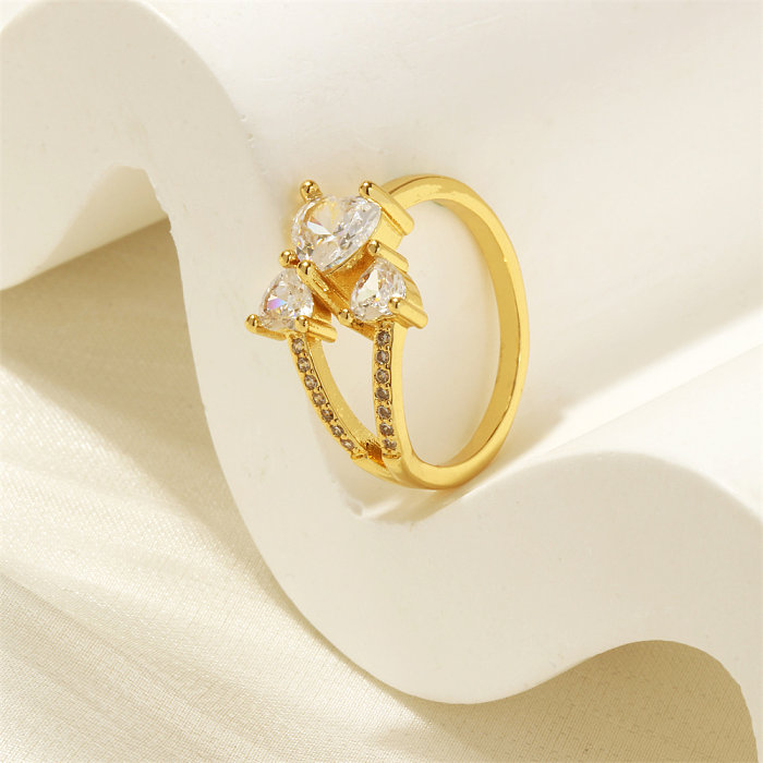 Lady Shiny Heart Shape Copper Plating Inlay Zircon 18K Gold Plated Open Ring