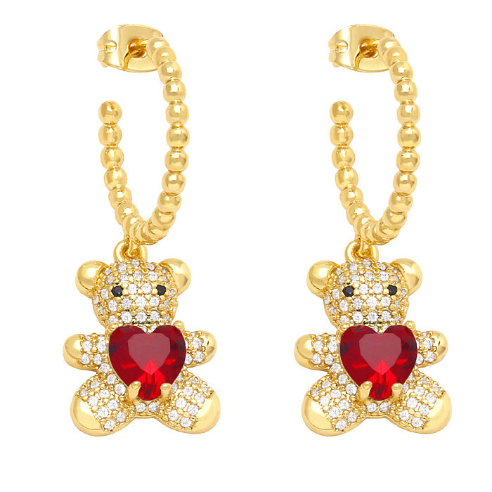 Fashion Heart Shaped Bear Inlay  Rhinestone Copper Earrings