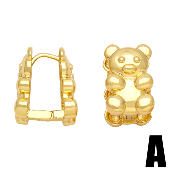 1 paire de clous d'oreilles plaqués or 18 carats, Style Simple, ours en forme de cœur, incrustation de cuivre et de Zircon