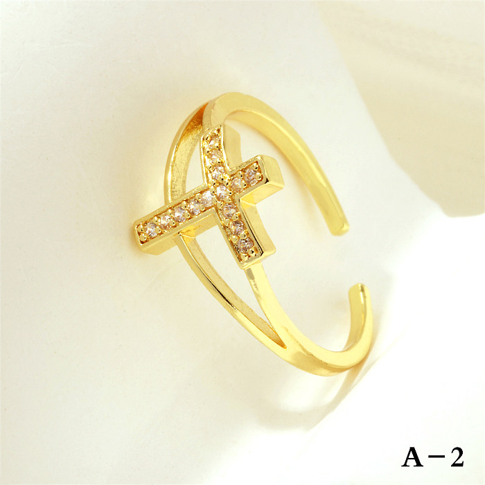 Simple Style Cross Heart Shape Fish Tail Copper Plating Inlay Zircon 18K Gold Plated Open Rings