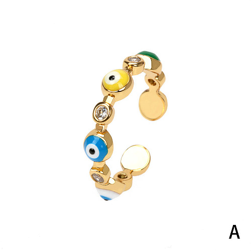 Simple Style Devil'S Eye Copper Enamel Plating Inlay Zircon 18K Gold Plated Open Rings