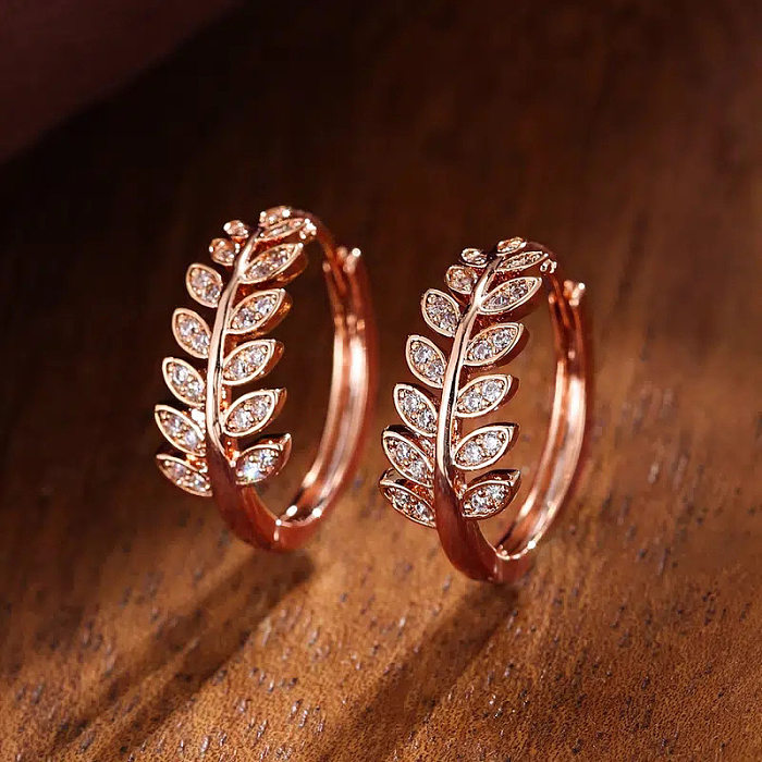 1 Pair IG Style Simple Style Leaf Grain Copper Zircon Hoop Earrings