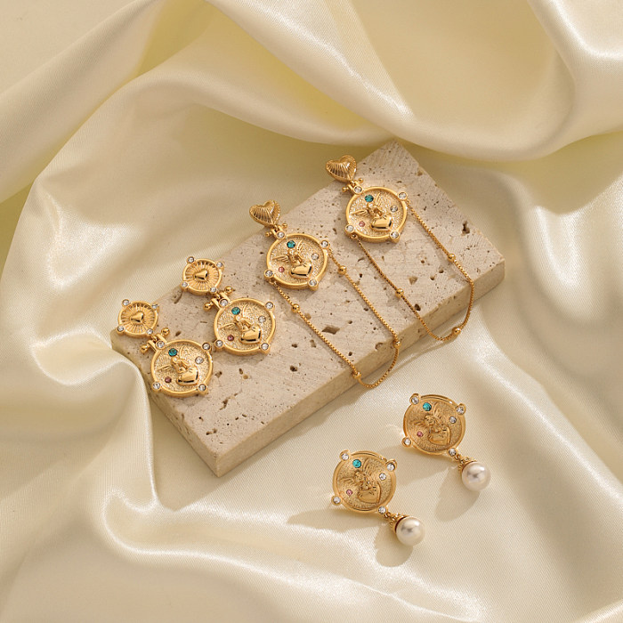 1 par de elegantes pendientes de gota chapados en oro de 18 quilates con incrustaciones de diamantes de imitación de cobre y chapado en ángel clásico