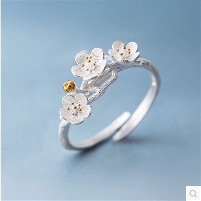 Anel coreano de flor de ameixa em prata esterlina S925