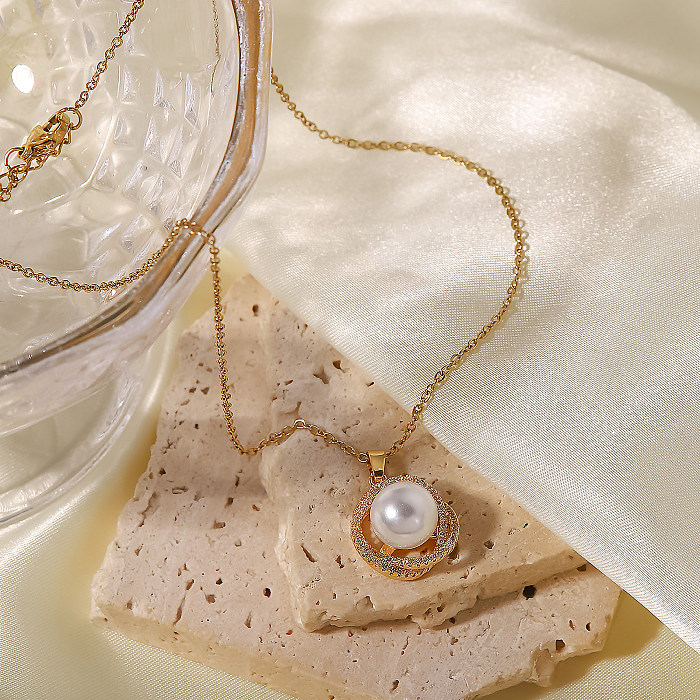 Simple Style Round Copper Plating Inlay Pearl Zircon 18K Gold Plated Necklace