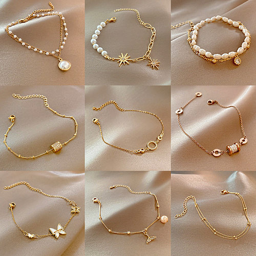 Mode Coeur Forme Cuivre Perle Incrustation Pierres Précieuses Artificielles Bracelets 1 Pièce