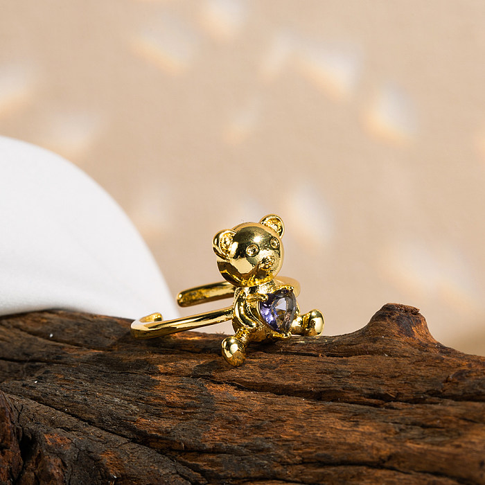 Cute Sweet Bear Heart Shape Copper Zircon Gold Plated Open Rings