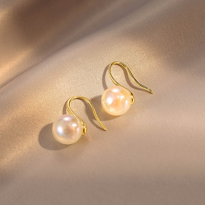 Simple Style Round Copper Plating Inlay Pearl Drop Earrings 1 Pair