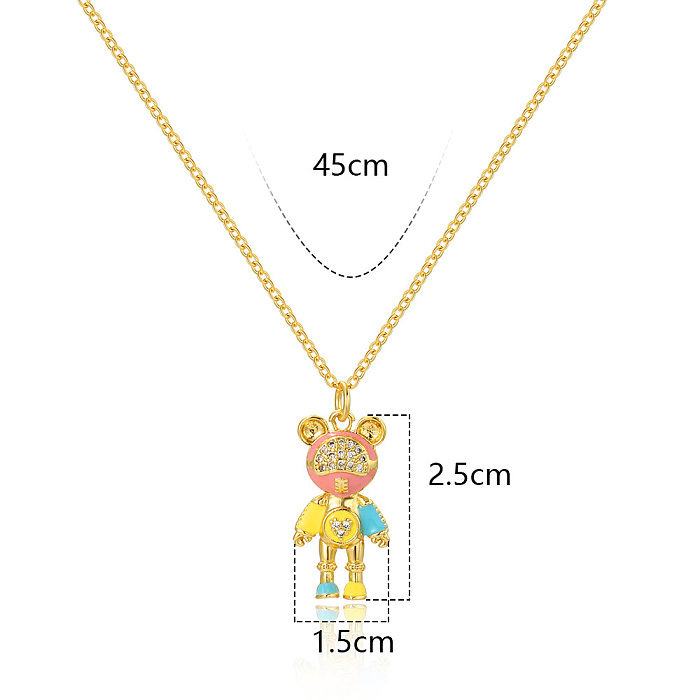 Cute Animal Bear Copper Enamel Plating Inlay Artificial Diamond Pendant Necklace