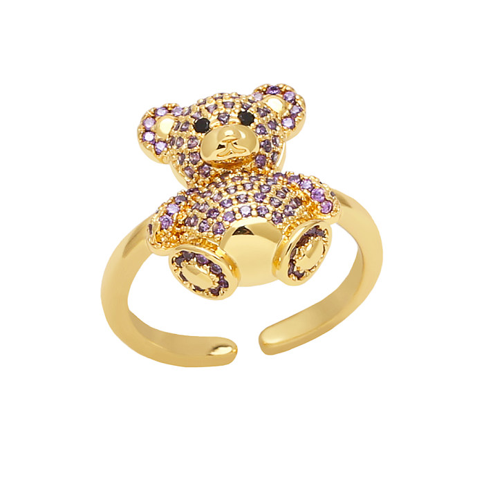IG Style Cute Bear Copper Plating Inlay Zircon 18K Gold Plated Open Rings