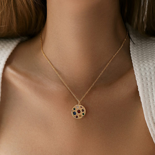 Collier avec pendentif rond en cuivre et incrustation de Zircon, Style Simple, 1 pièce