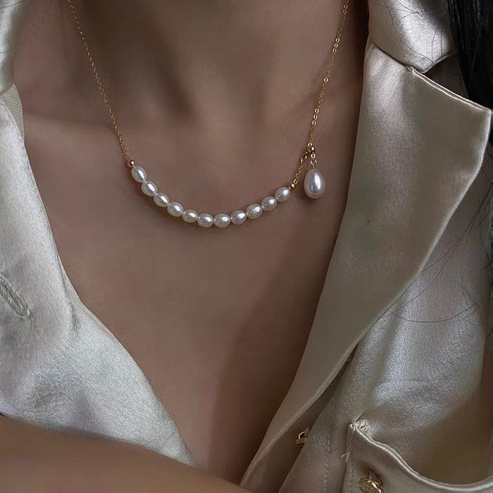Simple Style Solid Color Freshwater Pearl Copper 14K Gold Plated Necklace In Bulk