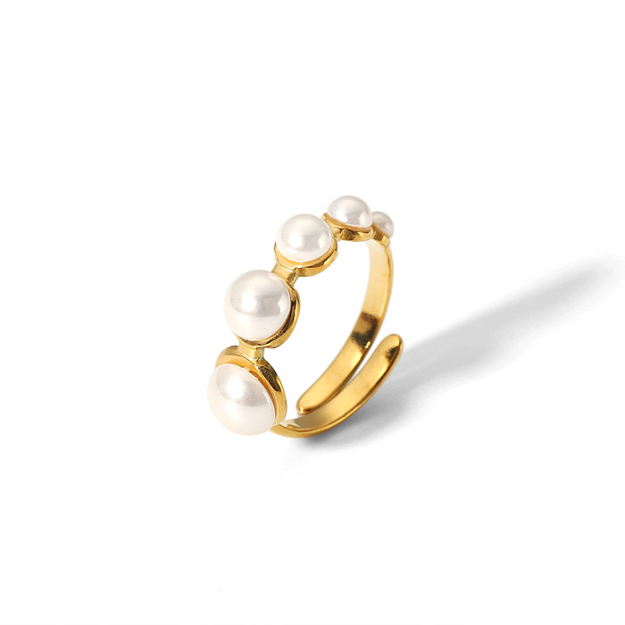 Vintage Style Solid Color Stainless Steel Plating Inlay Pearl 18K Gold Plated Open Rings
