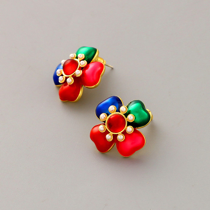 1 paire de clous d'oreilles en perles de cuivre avec incrustation de fleurs de style classique
