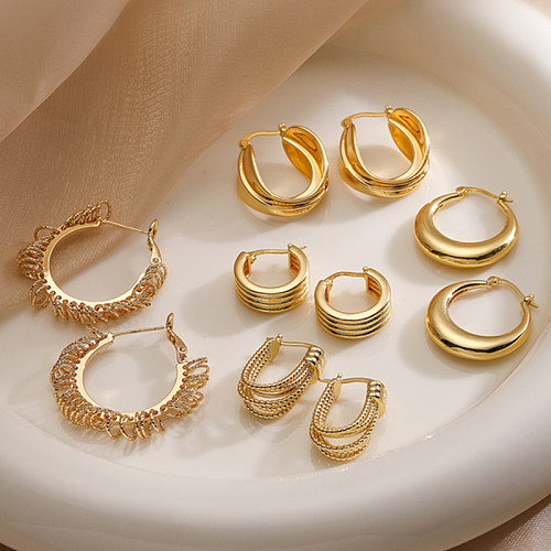 1 Pair IG Style Casual French Style Leaves Lines Twist Plating Copper 18K Gold Plated Hoop Earrings