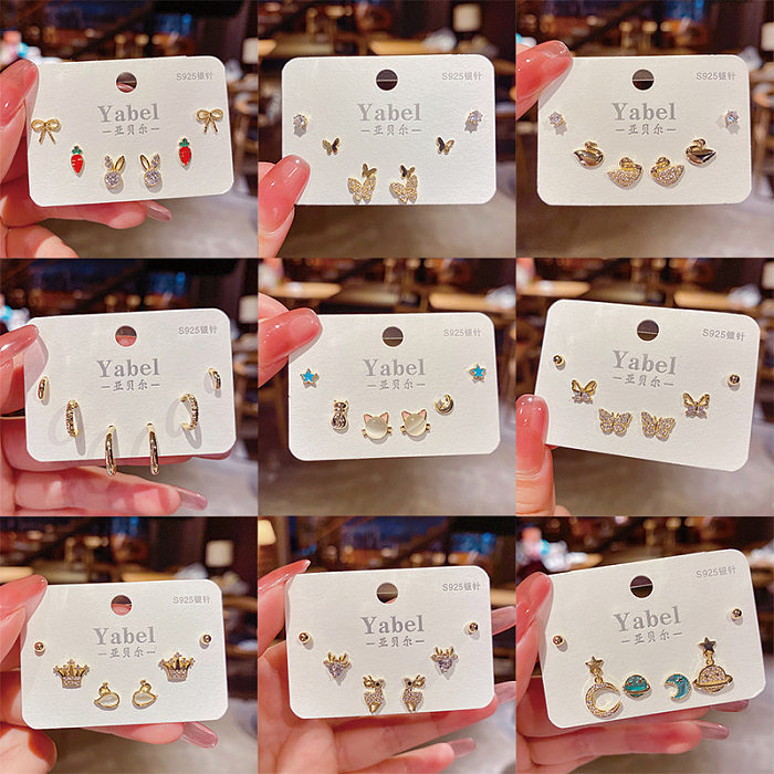 Sweet Round Butterfly Snowflake Copper Plating Inlay Zircon Ear Studs 1 Set