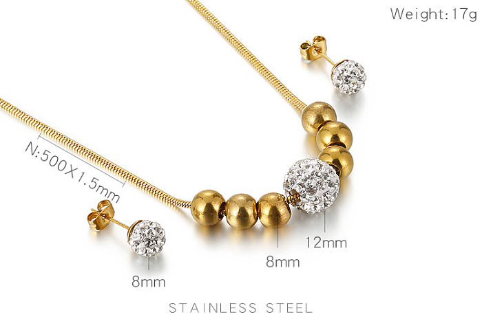 Ensemble de collier et boucles d'oreilles en strass de tempérament coréen, petites perles rondes, bijoux en boule d'acier inoxydable