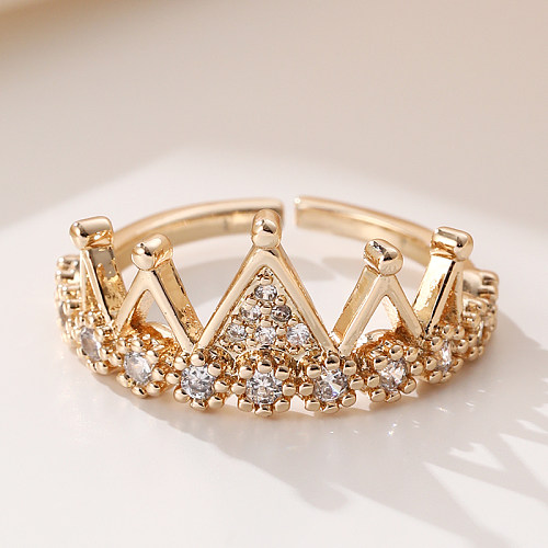 Casual Lady Crown Copper Inlay Zircon Open Rings