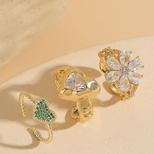 Bagues plaquées or 14 carats, élégantes et luxueuses, Style classique, fleur en forme de cœur, incrustation de cuivre, Zircon