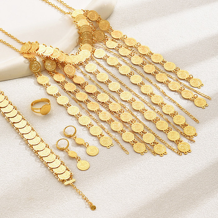 Elegante Glam Lady geometrische Kupfer-Quastenbeschichtung mit 18 Karat vergoldeten Ringen, Ohrringen und Halskette