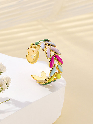 Elegante tropical streetwear folhas chapeamento de aço inoxidável inlay zircão anéis banhados a ouro 18K