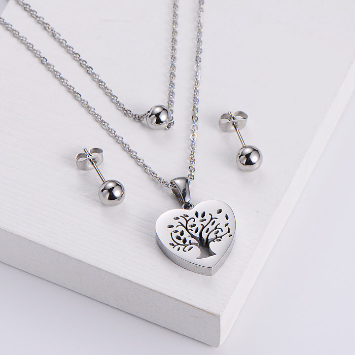 Heart Hollow Tree Pendant Necklace Round Bead Earrings Three-piece Wholesale jewelry