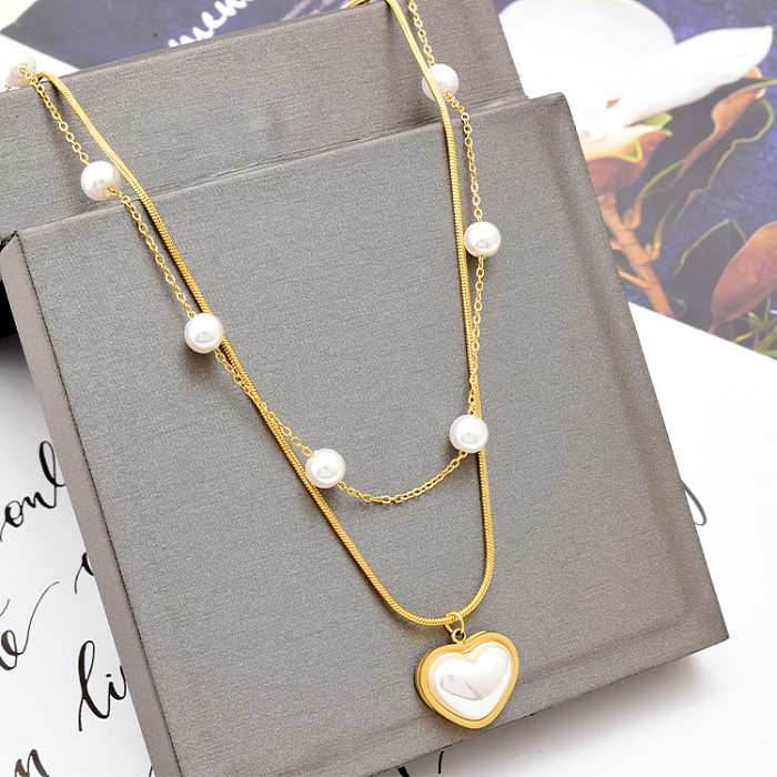 Fashion Heart Shape Titanium Steel Necklace Inlay Artificial Pearls Stainless Steel Necklaces 1 Piece