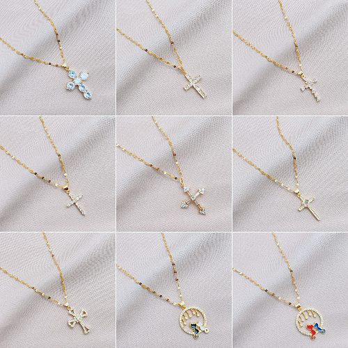Fashion Cross Cat Stainless Steel Copper Inlay Zircon Pendant Necklace