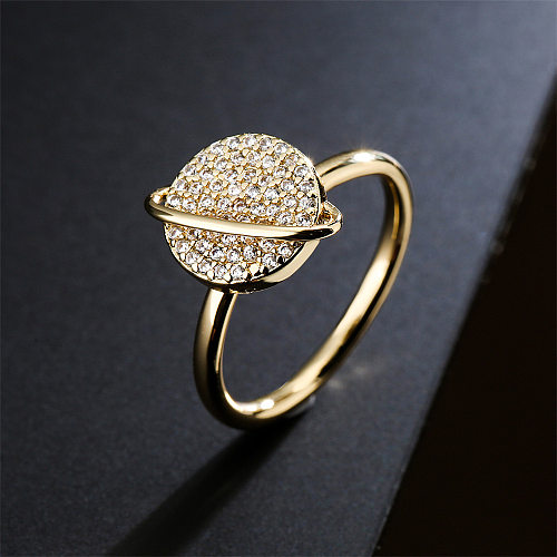 Anillo giratorio con forma de planeta a la moda, chapado en cobre, anillo de circón de oro de 18 quilates para mujer