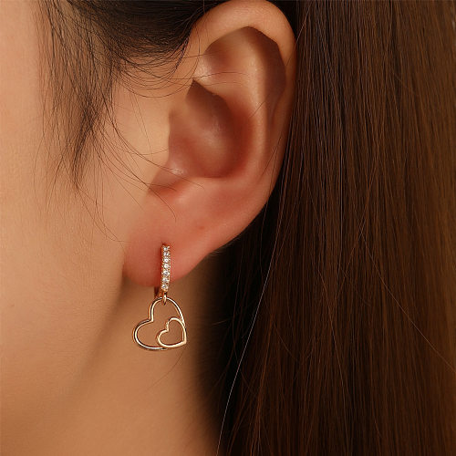 Boucles d'oreilles coréennes simples en cuivre incrusté de cœur en Zircon