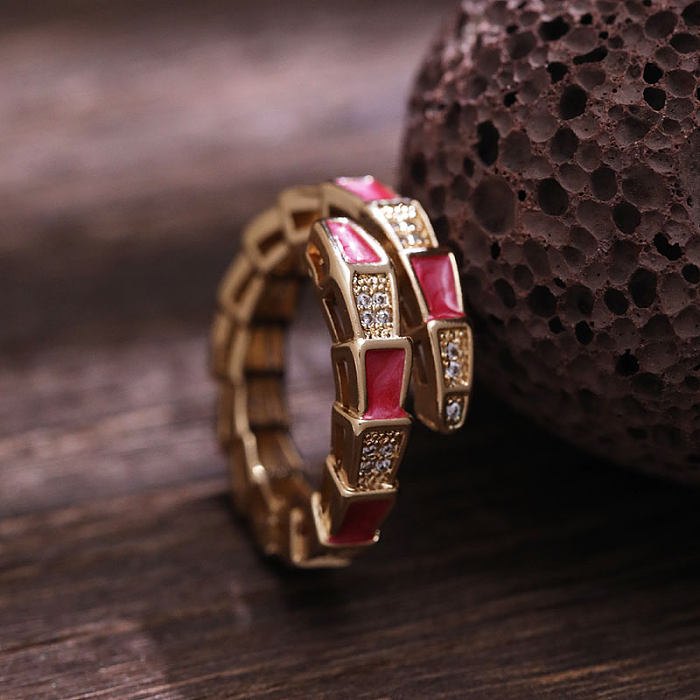 Anéis abertos de zircão com incrustações geométricas de cobre retrô feminino