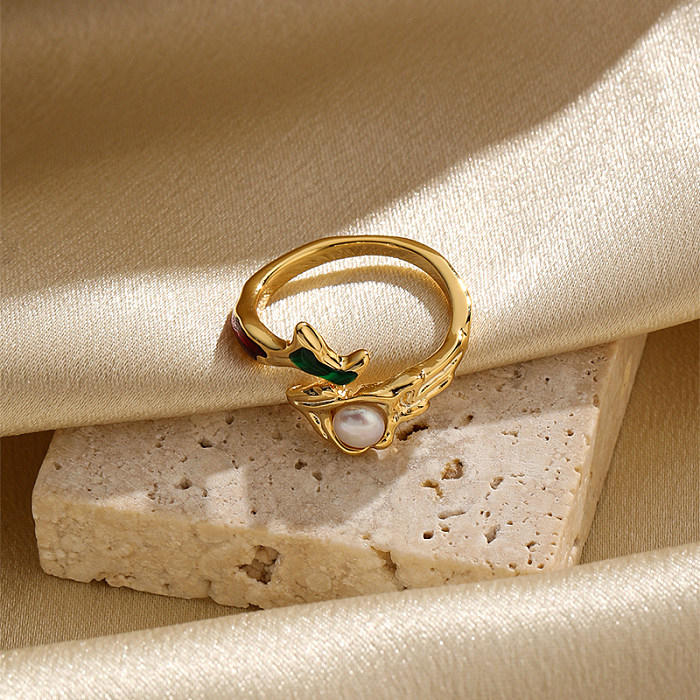 Lässige, runde offene Ringe im IG-Stil mit Kupfer-Email-Beschichtung, Inlay, Perle und 18 Karat Gold