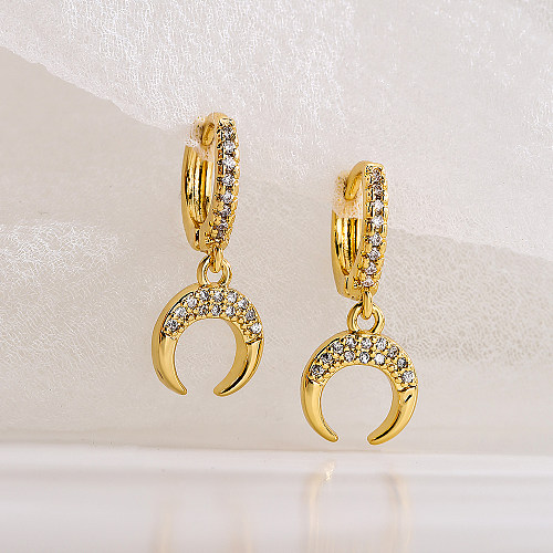 Fashion Moon Copper Gold Plated Zircon Dangling Earrings 1 Pair