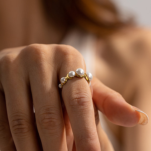 Offene Ringe im einfachen, modernen Stil mit geometrischer Edelstahlbeschichtung, Intarsien, künstlichen Perlen und 18 Karat vergoldeten offenen Ringen
