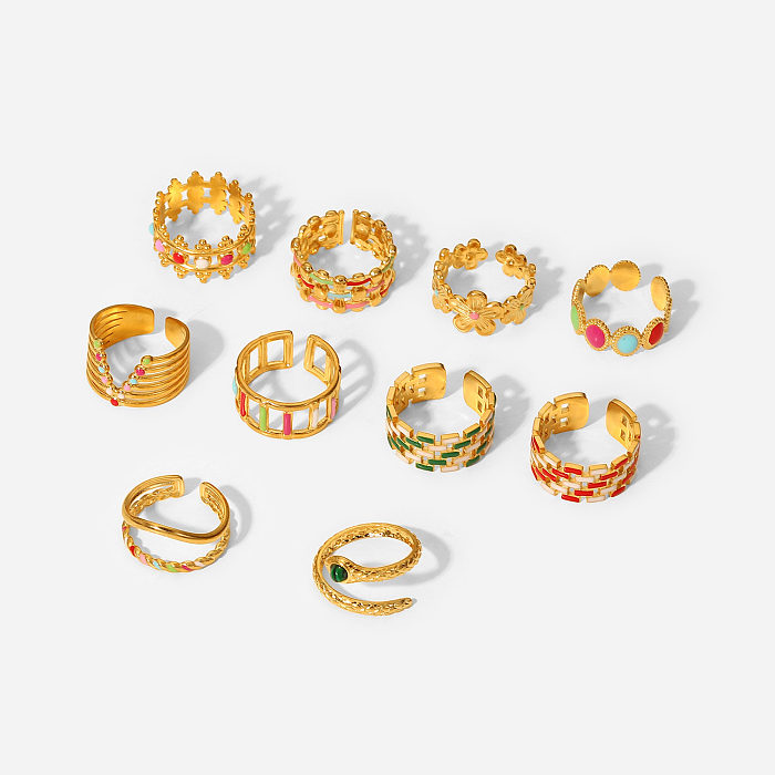 Novos anéis de gota de óleo geométricos coloridos de aço inoxidável banhados a ouro 18K