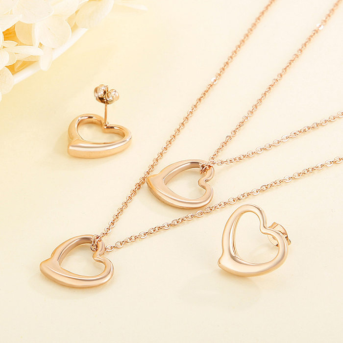 Simples oco em forma de coração dupla camada colar brincos conjunto de aço inoxidável jóias por atacado
