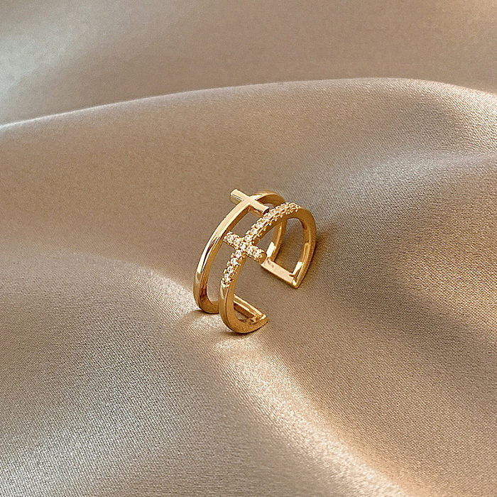 Simple Style Cross Copper Plating Inlay Zircon Open Ring