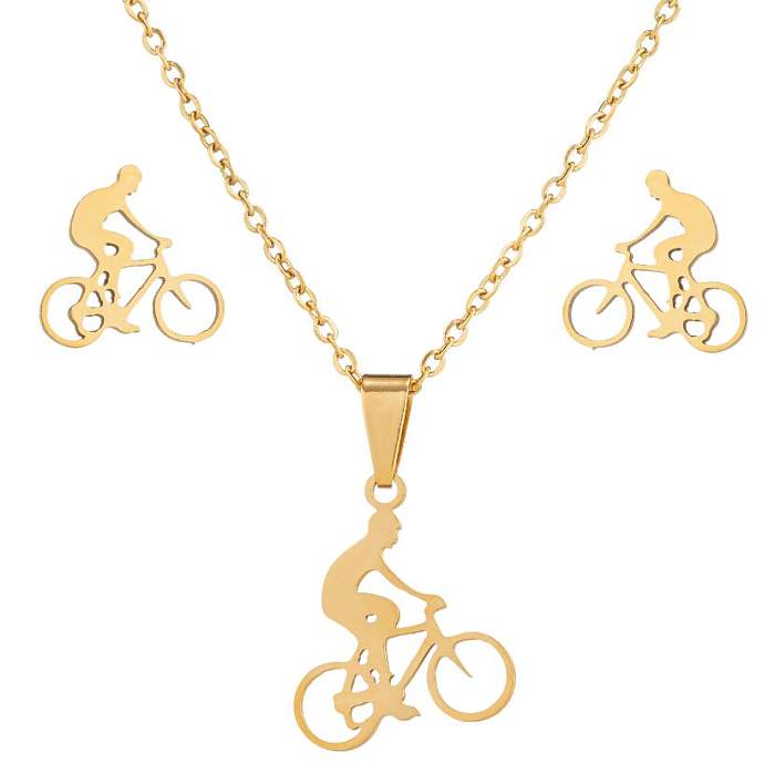 Estilo simples estilo clássico bicicleta esportiva chapeamento de aço inoxidável 18k brincos banhados a ouro conjunto de joias