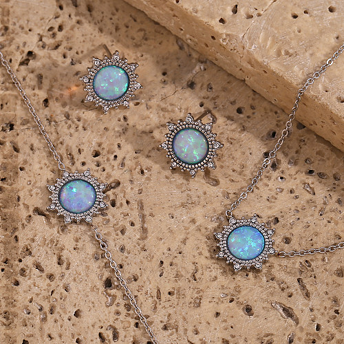 Estilo vintage estilo simples estilo clássico redondo incrustação de aço inoxidável pedras preciosas artificiais pulseiras femininas brincos colar
