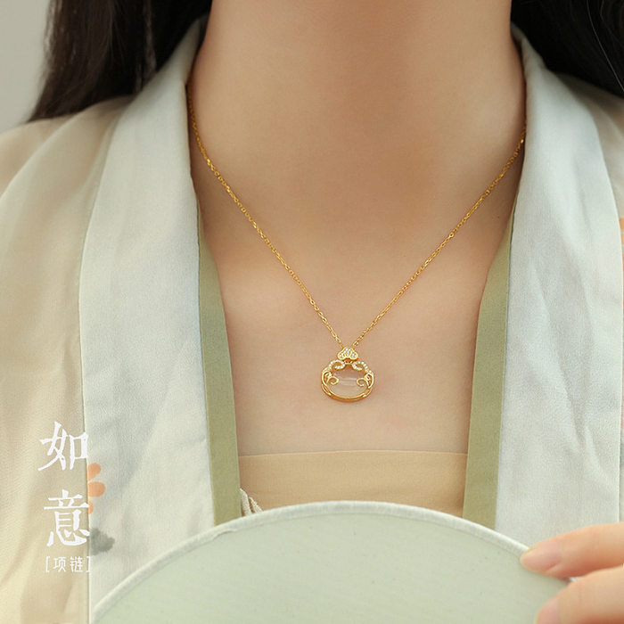 Simple Style Longevity Lock Copper Inlay Artificial Gemstones Gold Plated Pendant Necklace