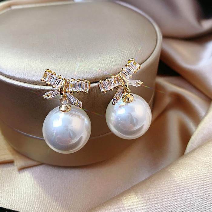 Retro Bow Knot Copper Plating Artificial Pearls Drop Earrings 1 Pair