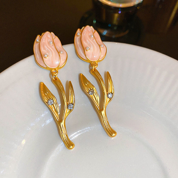 1 Pair Elegant Retro Flower Plating Copper Ear Studs