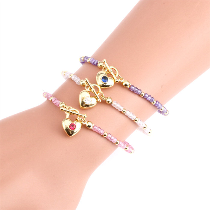 Cute Japanese Style Heart Shape Copper Handmade Plating Inlay Zircon 18K Gold Plated Bracelets