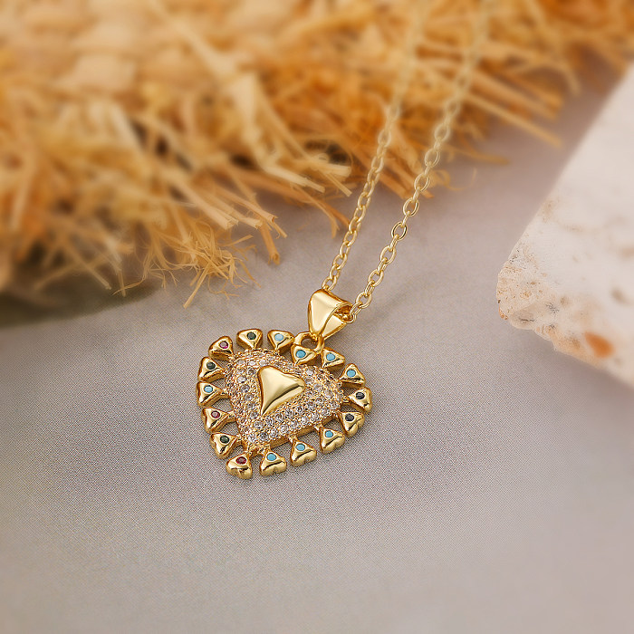 Elegante estilo simples forma de coração chapeamento de cobre incrustação zircão colar com pingente banhado a ouro 18K
